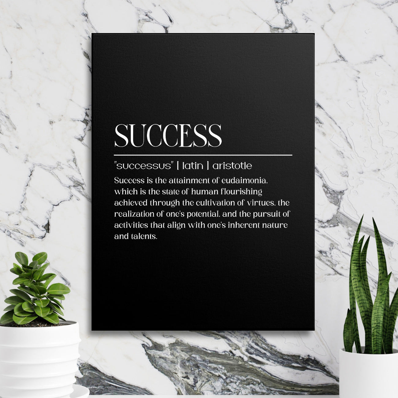 Motivational canvas print with a white Aristotle quote on a black background, marble wall and green plants