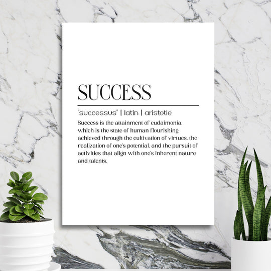 Luxury motivational canvas print with a SUCCESS quote by Aristotle on a marble wall in a study