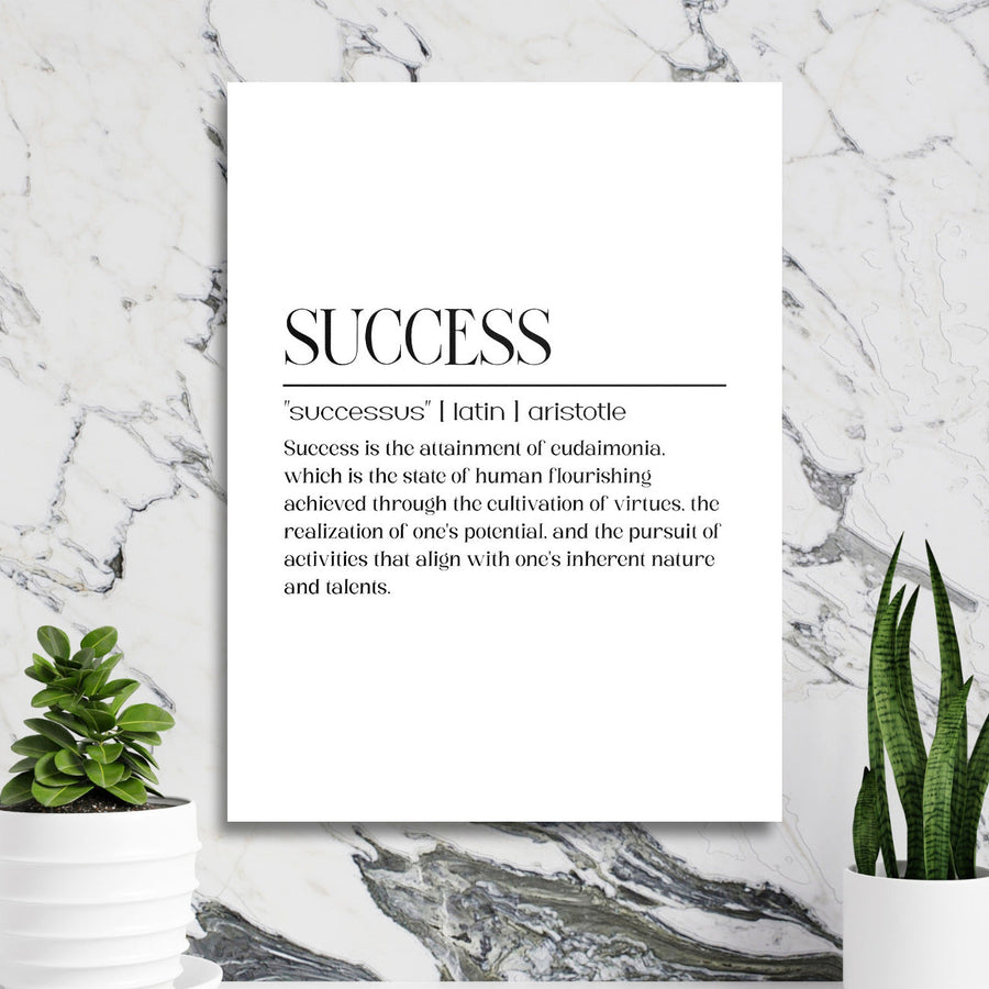 Luxury motivational canvas print with a SUCCESS quote by Aristotle on a marble wall in a study