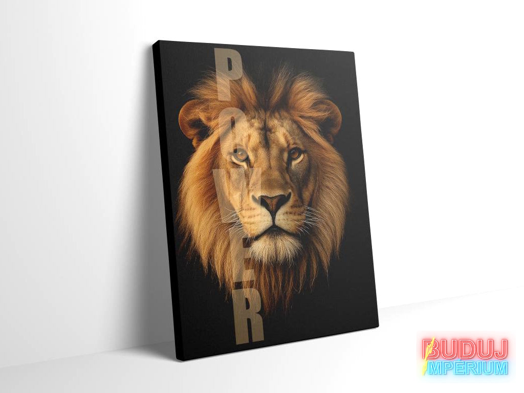Motivational canvas wall art with a realistic lion and gold POWER text on a dark background.