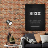 Success motivational canvas print on a brick wall in a living room above a sofa with a floor lamp.