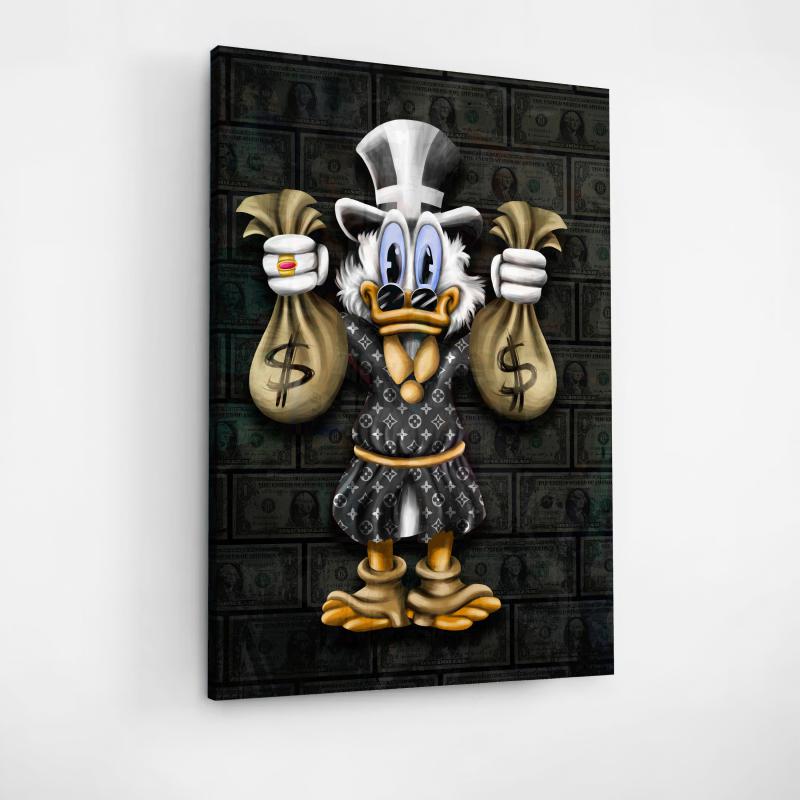 Motivational canvas wall art with Scrooge McDuck holding money bags, a symbol of wealth and success.