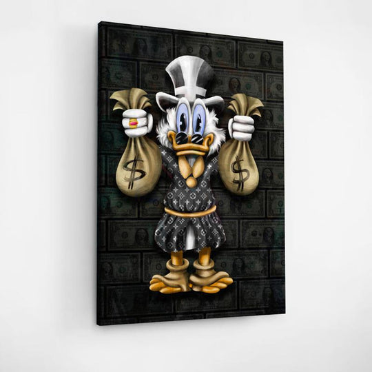 Motivational canvas wall art with Scrooge McDuck holding money bags, a symbol of wealth and success.