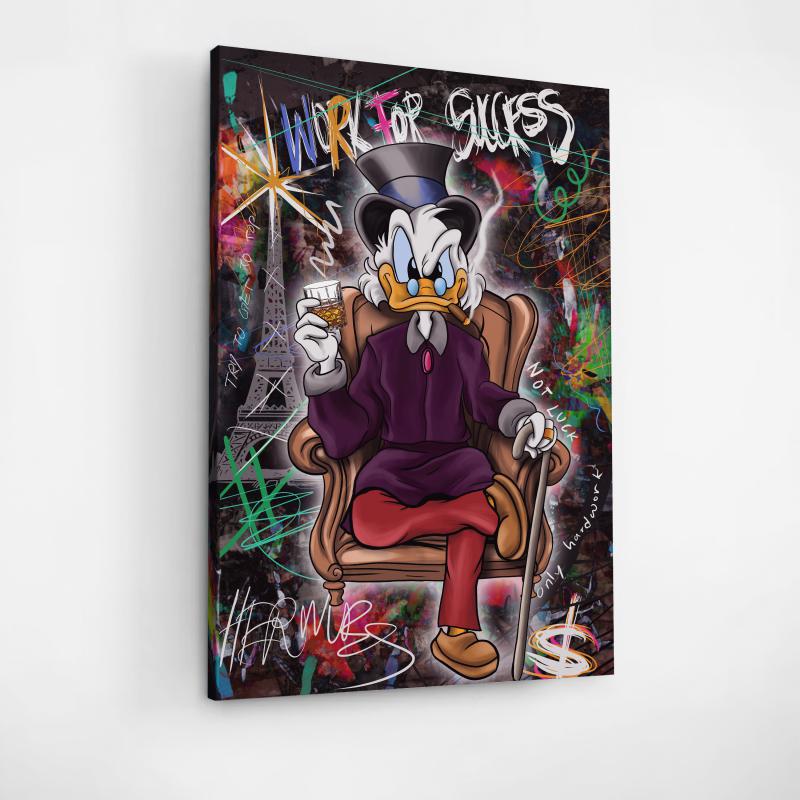 Pop art canvas print of Scrooge McDuck in an armchair with graffiti background and money theme, modern wall art.