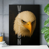 Motivational wall art with a detailed eagle head and vertical VISION text in a modern office.