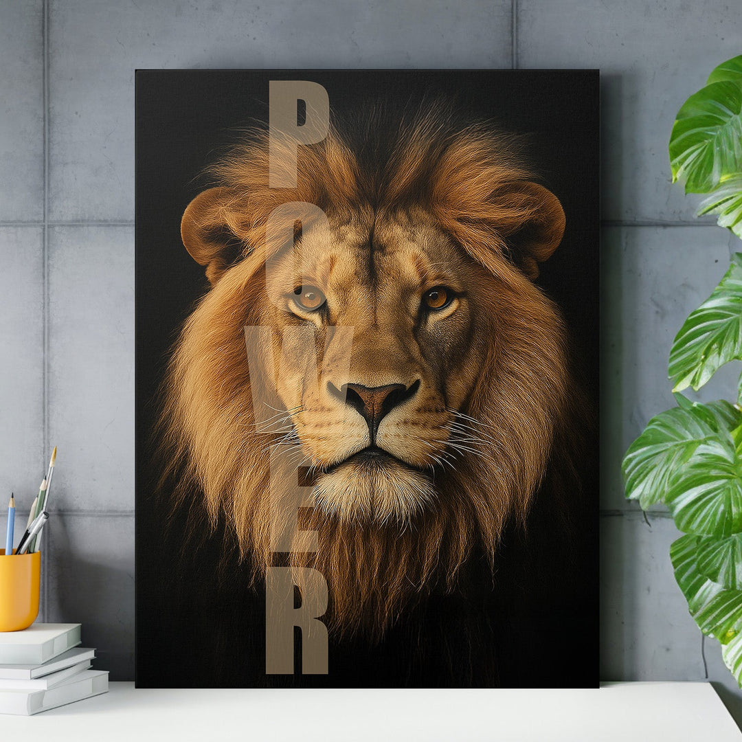 Motivational lion wall art with POWER text in an office, modern wall art with a plant and pencil holder.