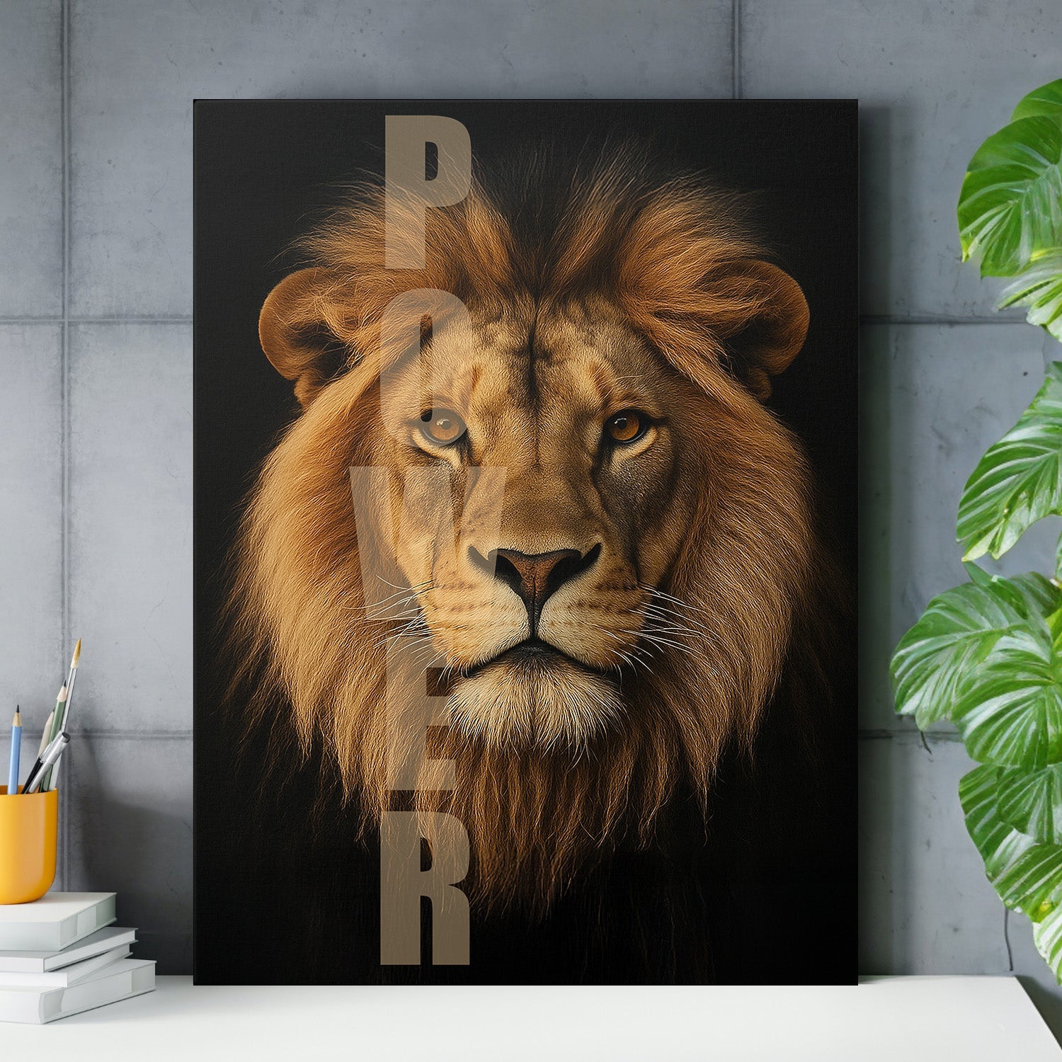 Motivational lion wall art with POWER text in an office, modern wall art with a plant and pencil holder.