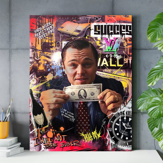 Wolf of Wall Street motivational pop art canvas print in a living room with money, sports car and bull motifs