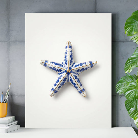 Modern canvas print with a ceramic starfish in a Delft blue-and-white pattern above a desk