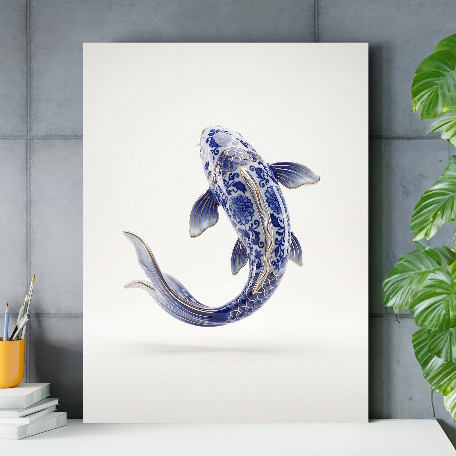 Luxury canvas print with a blue-and-white porcelain carp fish and gold details in a modern home office