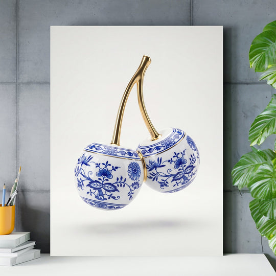 Motivational canvas print in a home office, minimalist blue-and-white porcelain cherries with gold stems