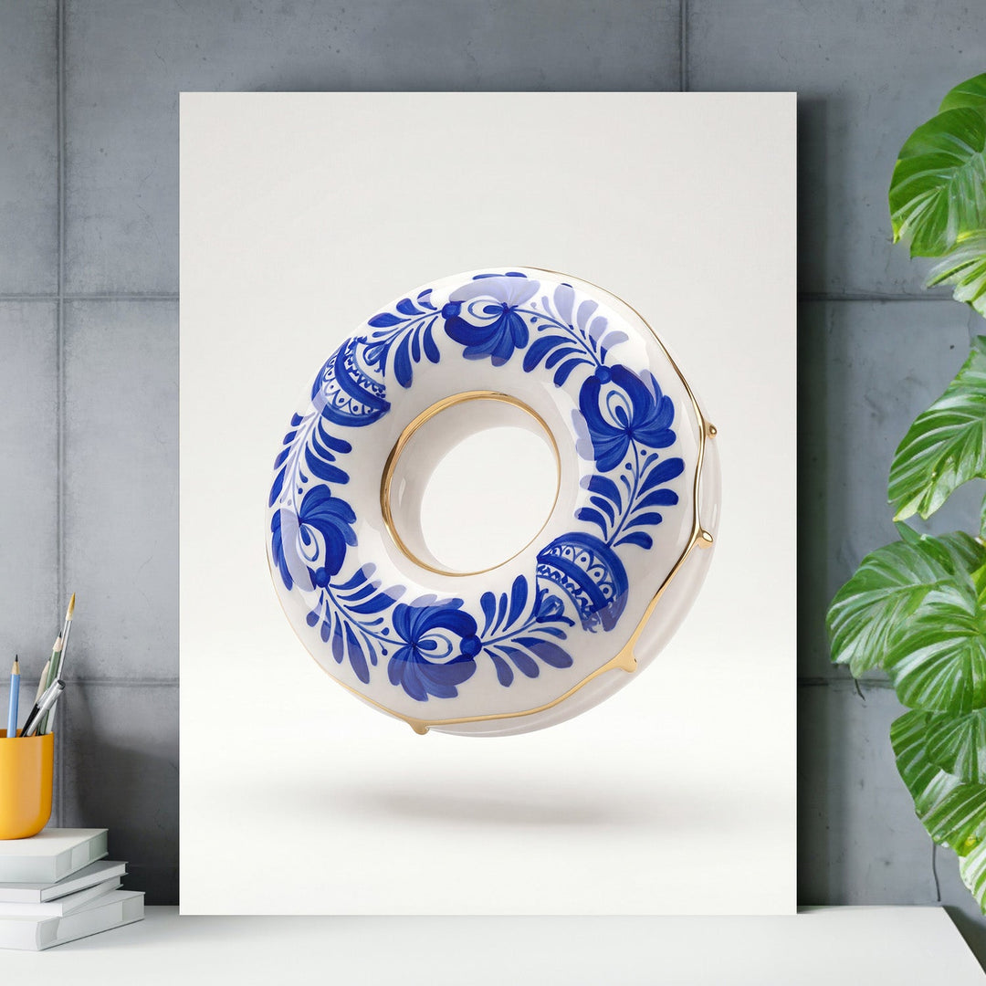 Modern wall art with a blue-and-white floral donut and gold accent for a home office