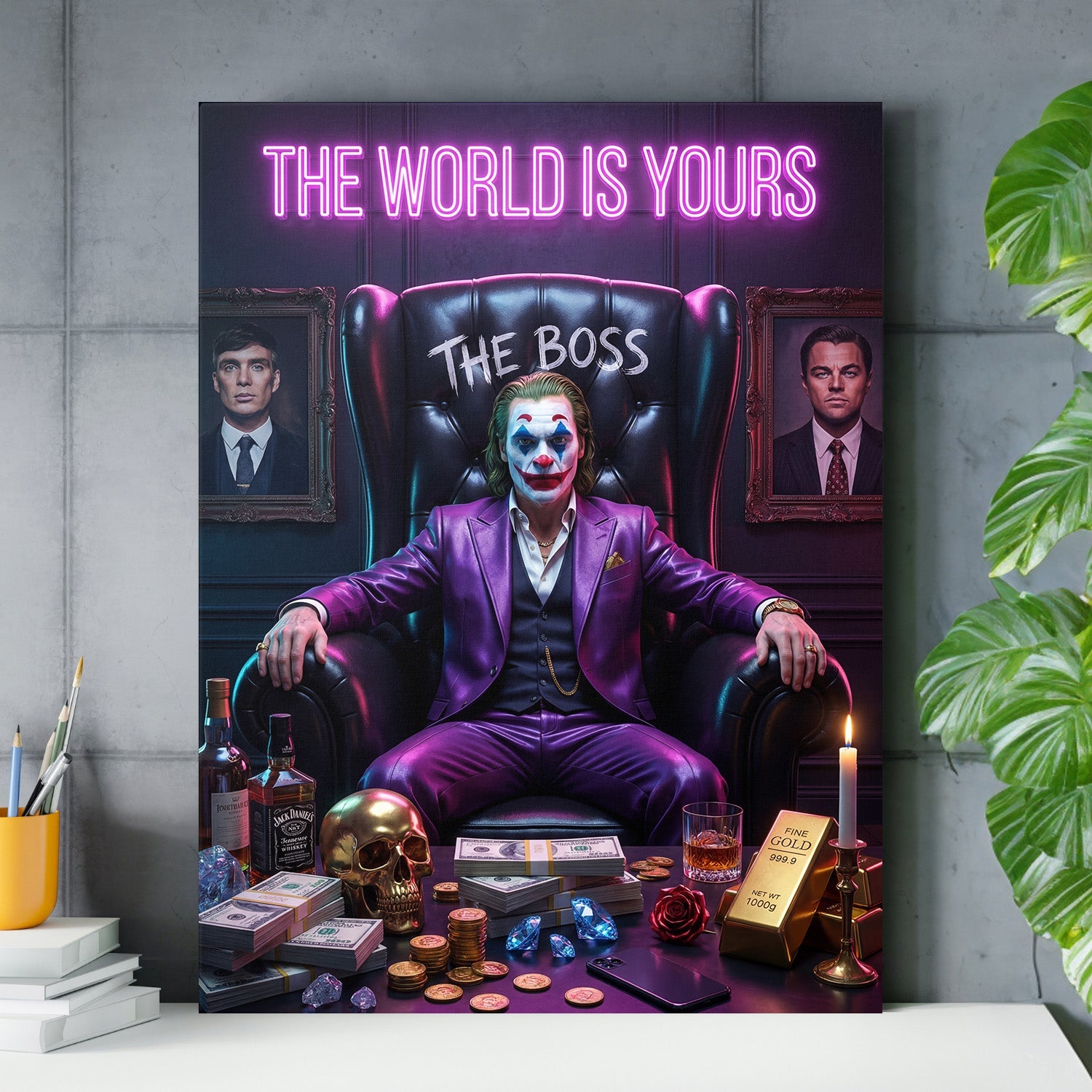 Luxury pop art canvas print with a clown in a purple suit, neon motivational quote, money, gold and diamonds