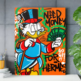 Motivational wall art for a home office with Scrooge McDuck, dollar bills and a graffiti quote