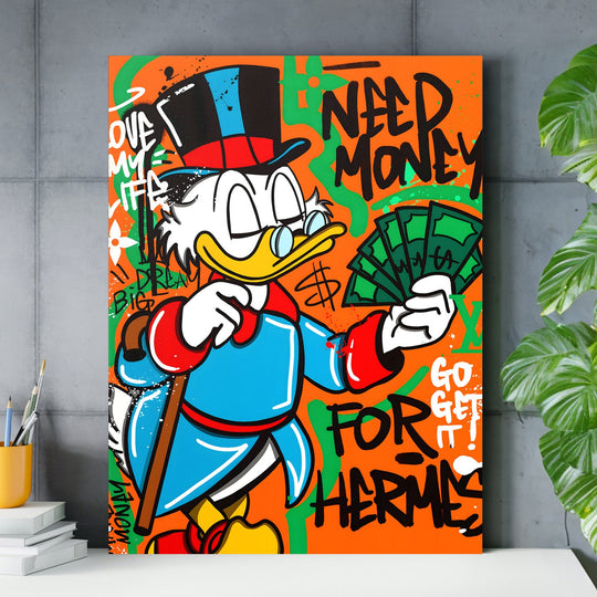 Motivational wall art for a home office with Scrooge McDuck, dollar bills and a graffiti quote