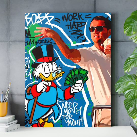 Motivational wall art for an office with Scrooge McDuck, money and the graffiti text “Work Hard”