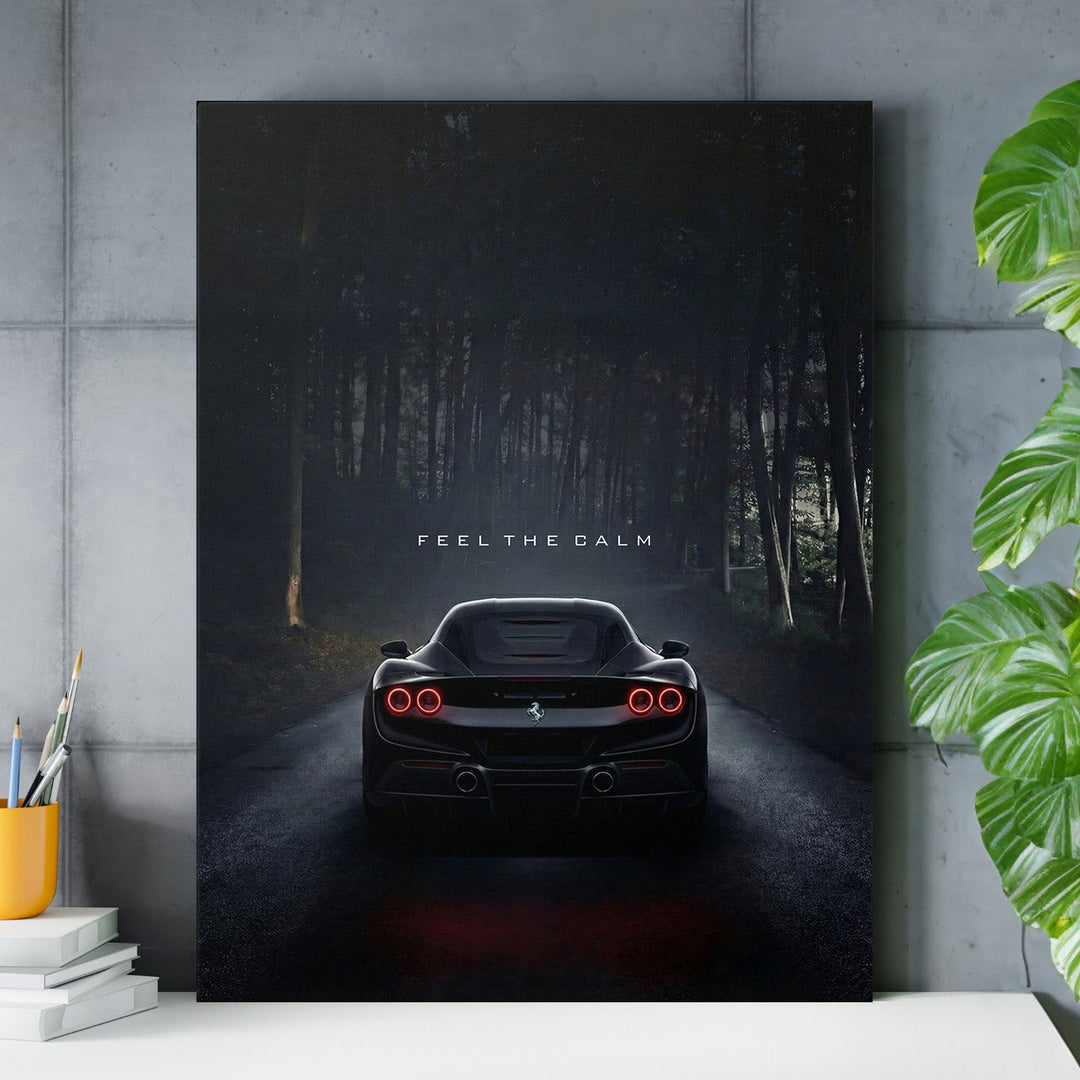 Luxury wall art with black sports car on night forest road and text Feel the calm
