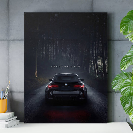 Motivational canvas print with a night BMW on a forest road in a modern home office, automotive lifestyle
