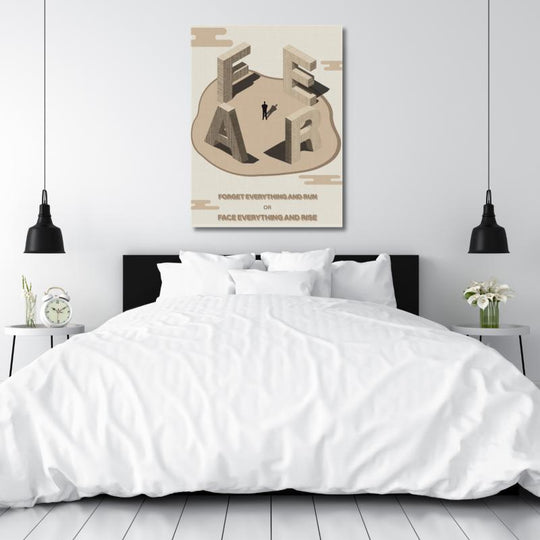 Motivational wall art in a minimalist bedroom with 3D FEAR letters and the quote “Face Everything and Rise.”