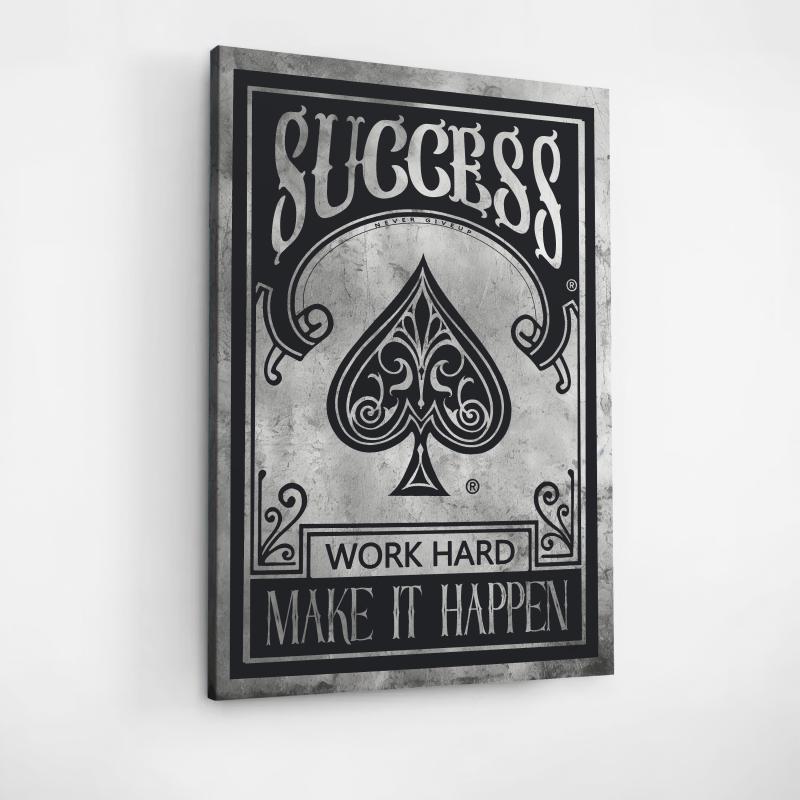 Motivational canvas wall art with the quote “Success, Work Hard, Make It Happen,” success-themed office decor.