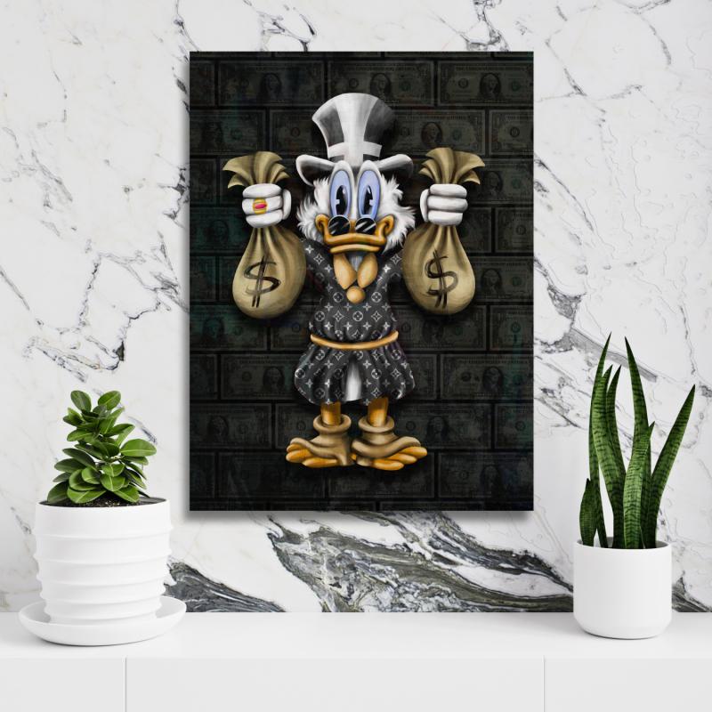 Motivational pop art wall art with Scrooge McDuck and money bags on a dollar background in a modern interior.