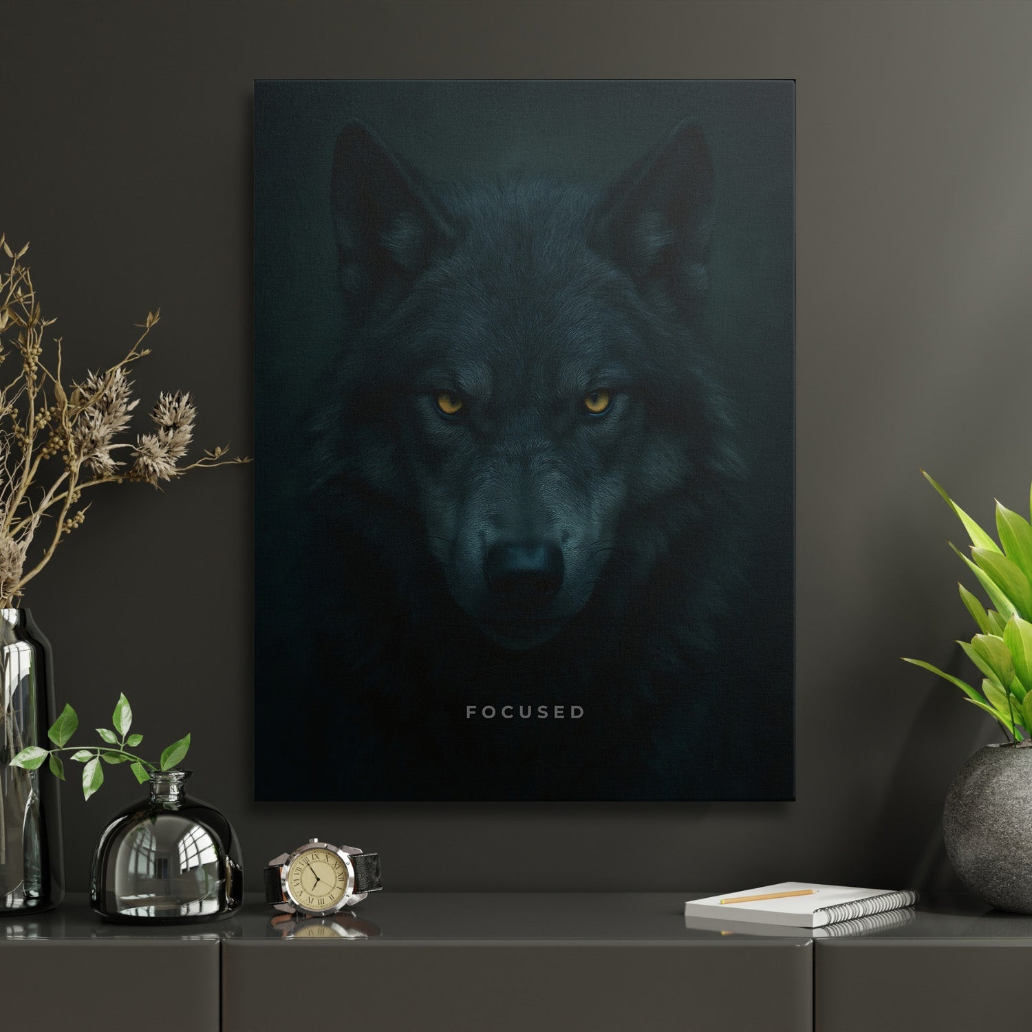 Motivational canvas wall art with a detailed black wolf and yellow eyes as a dominant feature of an office.