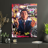 Motivational pop art wall art with a Wall Street figure, sports car, luxury watch and graffiti style