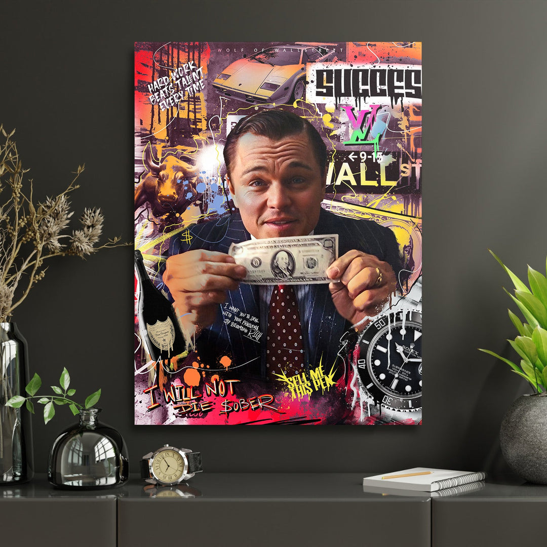 Motivational canvas print with DiCaprio holding a dollar, graffiti pop art, luxury car, watch and motivational text