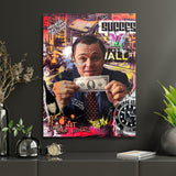 Motivational canvas print with DiCaprio holding a dollar, graffiti pop art, luxury car, watch and motivational text