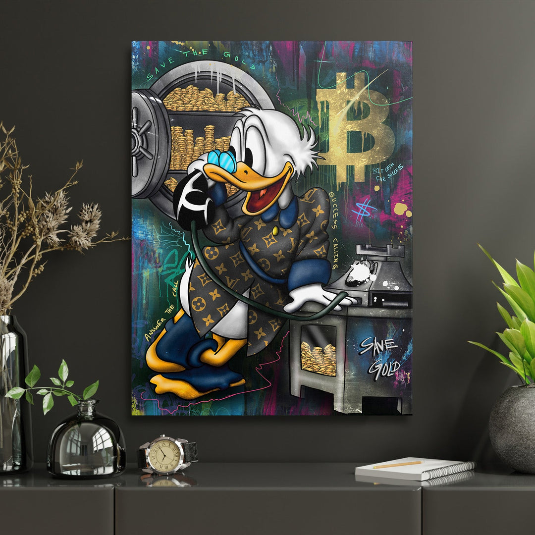 Luxury pop art wall art with Donald Duck opening a safe full of gold coins and bitcoins, wealth motivation theme