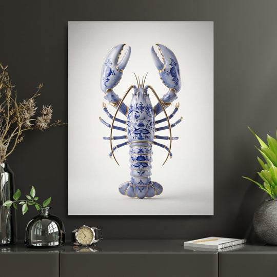 Motivational wall art for a home office with a blue-and-white porcelain lobster in a luxury decorative style