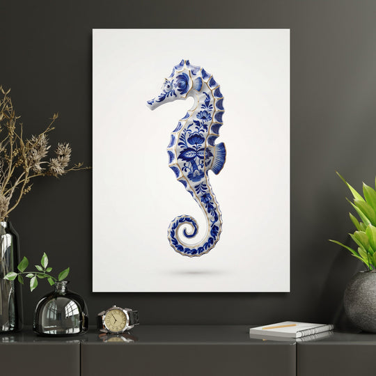 Modern wall art with a blue-and-white seahorse in a Delft porcelain pattern, lifestyle interior