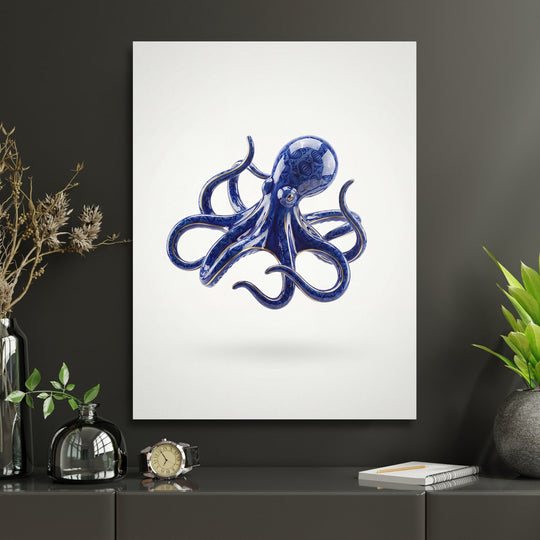 Motivational canvas print with a blue octopus in a modern home office