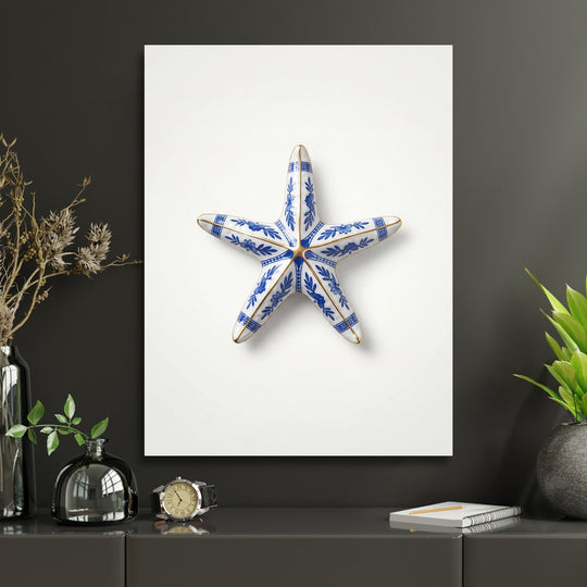 Motivational wall art with a blue-and-white porcelain-style starfish in a modern office