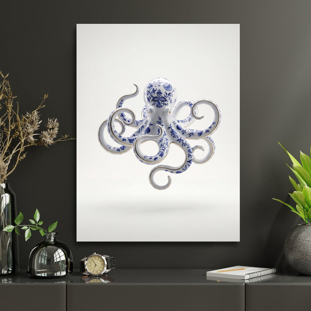 Modern canvas print with a blue-and-white porcelain octopus in a home office, hanging above a desk