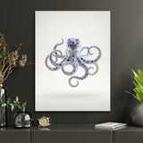 Modern canvas print with a blue-and-white porcelain octopus in a home office, hanging above a desk