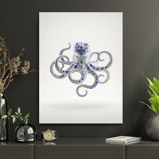 Modern canvas print with a blue-and-white porcelain octopus in a home office, hanging above a desk