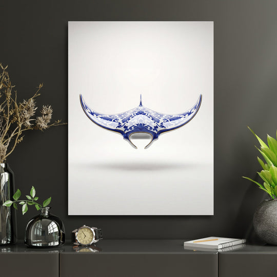 Modern canvas print with a blue-and-white sea manta in a porcelain style above a black dresser