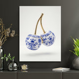 Luxury wall art with porcelain cherries in a blue-and-white ornament and gold stems, modern lifestyle design