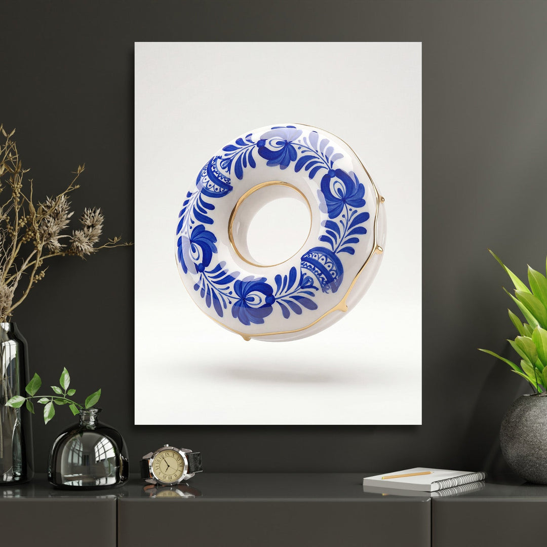 Motivational canvas print in a living room with a blue-and-white porcelain ring and gold details