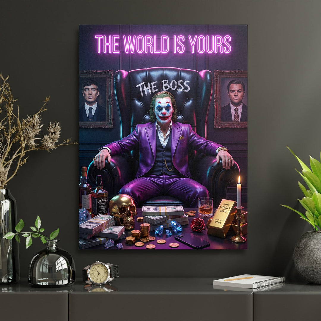 Motivational wall art with a clown in a purple suit, neon sign, money, a gold bar and a glass of whiskey