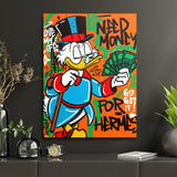 Pop art wall art of a duck with money and graffiti text, motivational wall art on an orange background