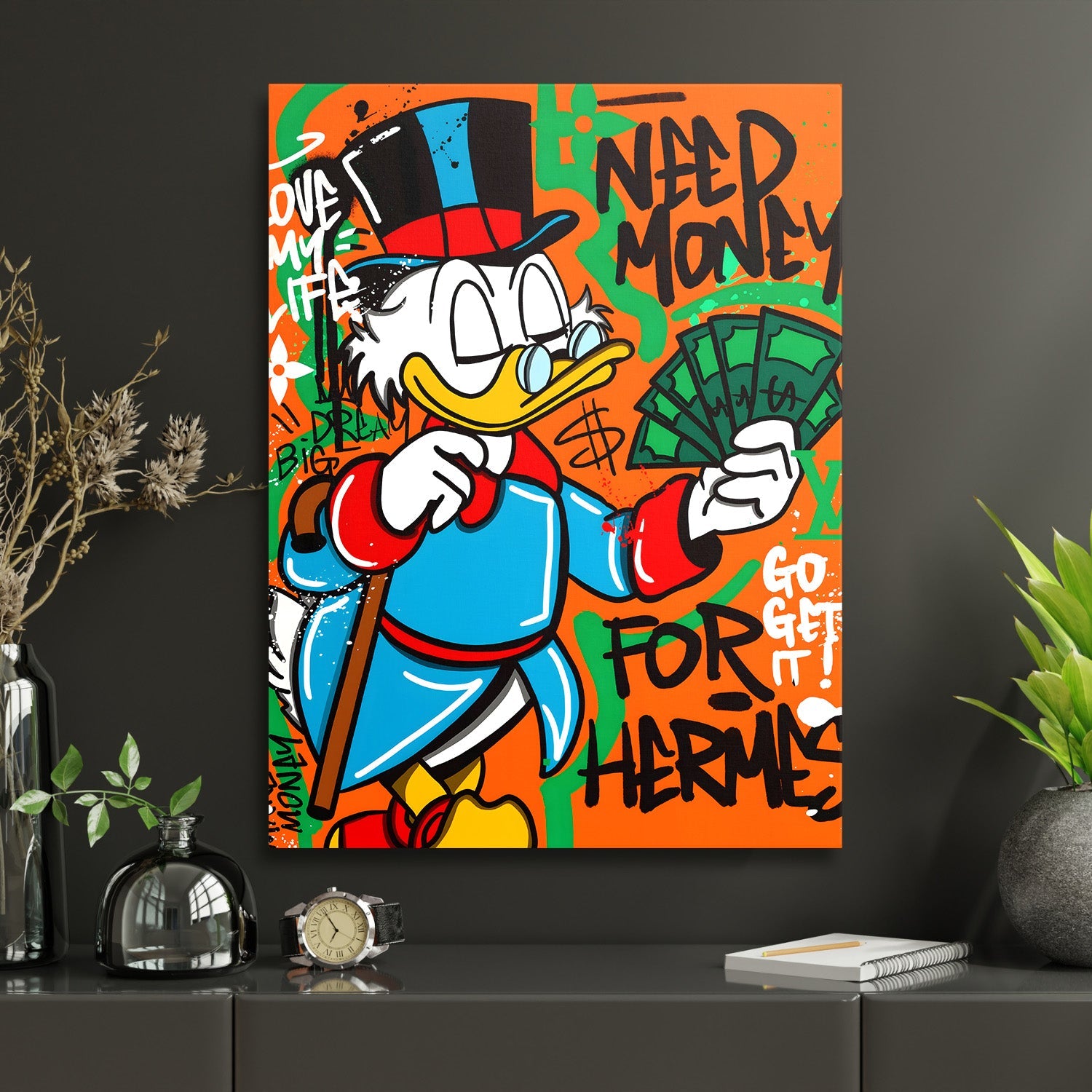 Pop art wall art of a duck with money and graffiti text, motivational wall art on an orange background