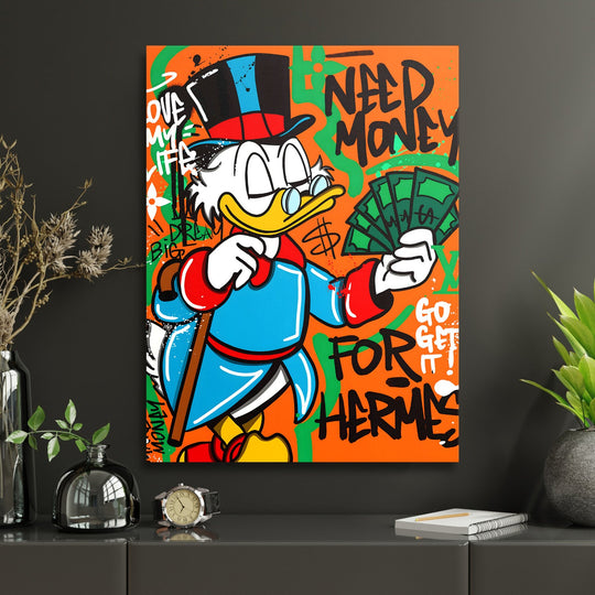 Pop art wall art of a duck with money and graffiti text, motivational wall art on an orange background