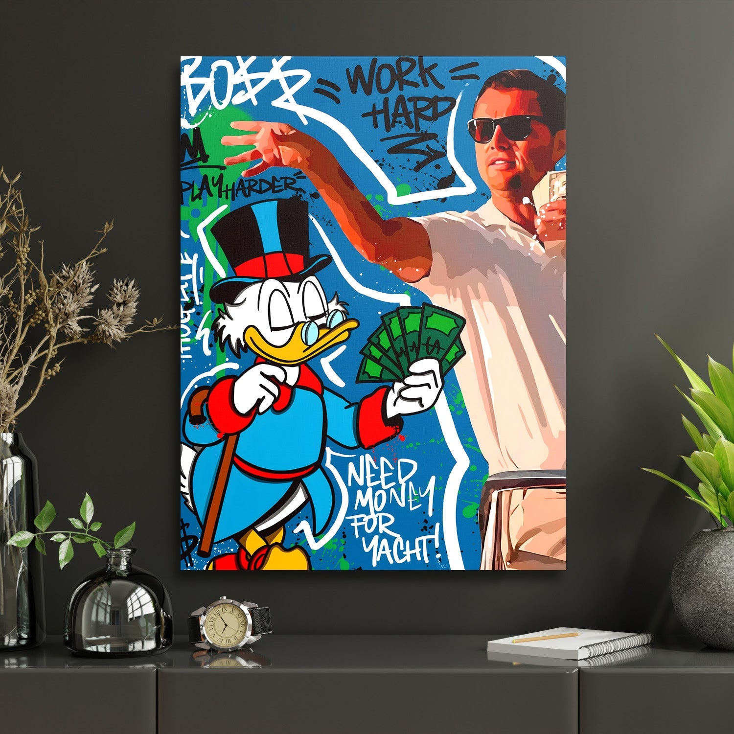 Motivational pop art canvas print with Scrooge McDuck, graffiti money and the text “Need money for yacht”