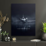 Luxury motivational canvas print for an office, front view of a private jet with a motivational quote
