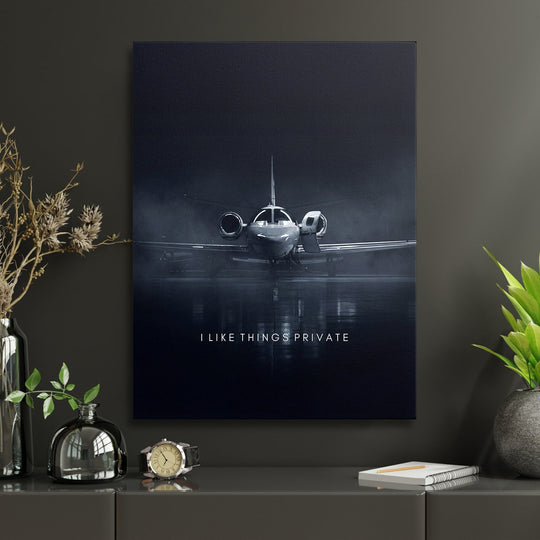 Luxury motivational canvas print for an office, front view of a private jet with a motivational quote