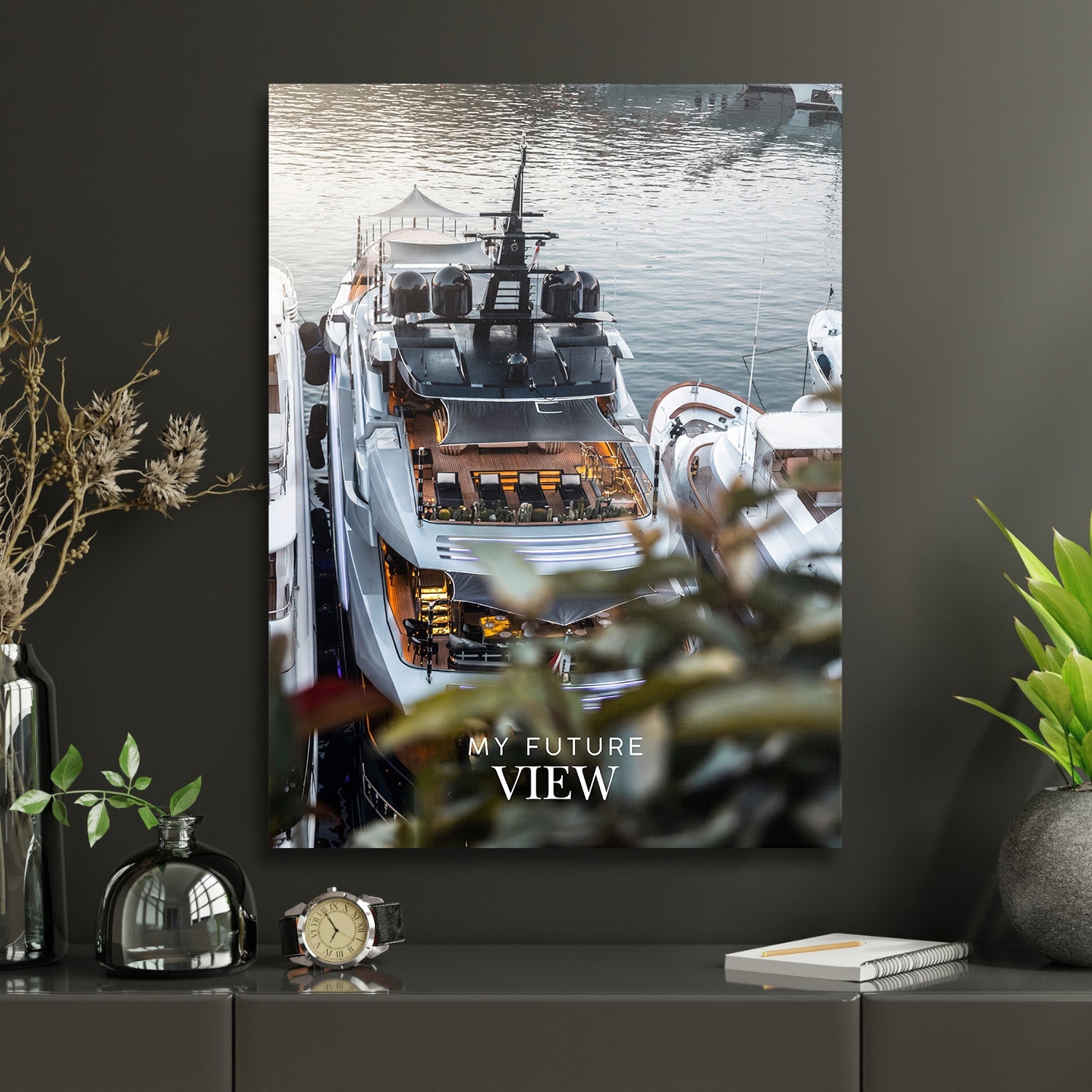 Motivational wall art with a luxury yacht from a bird’s-eye view and the text “My Future View” in a modern office