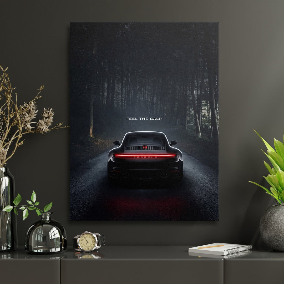 Motivational wall art with night forest, rear view of a Porsche and minimalist quote