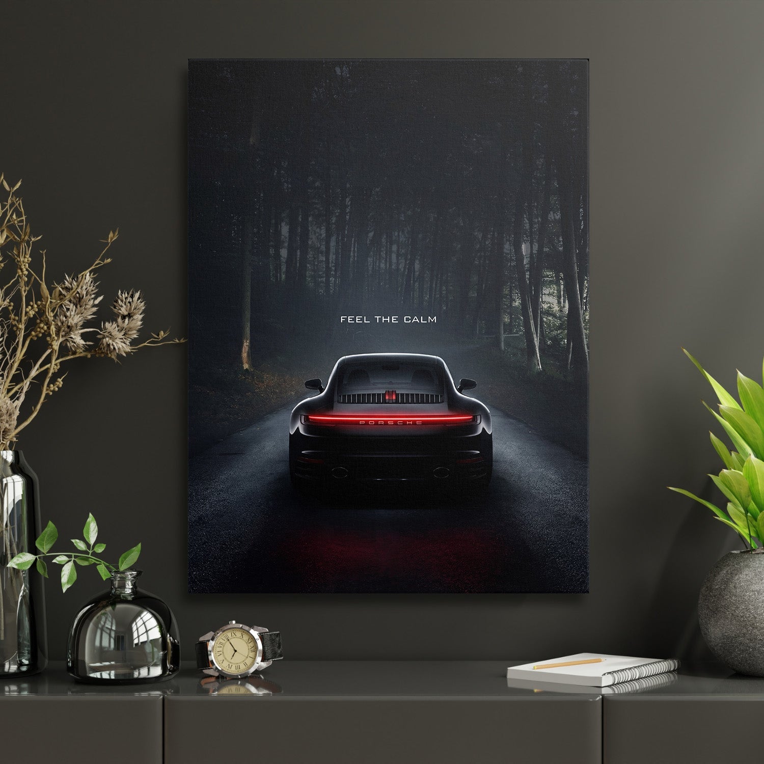 Motivational wall art with night forest, rear view of a Porsche and minimalist quote